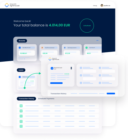 Mockup digital banking UI indicating FintechOS solution capabilities in accelerating the rollout of prototype and live front-end portals.