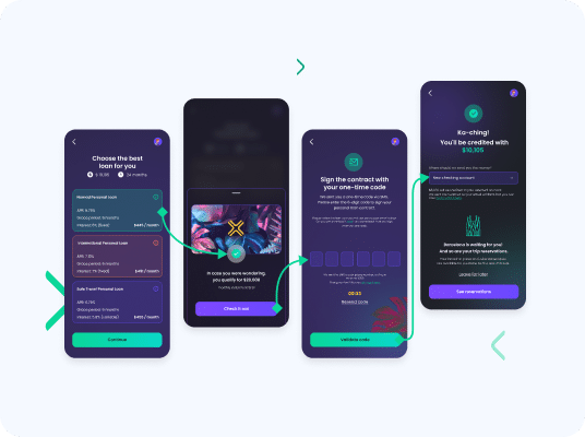 UI illustrations from FintechOS sunglow mobile UI theme indicating platform capabilities in building and editing UX journeys in digital financial services.